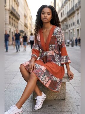 Patchwork V-Neck Midi Dress in Rust and Blush